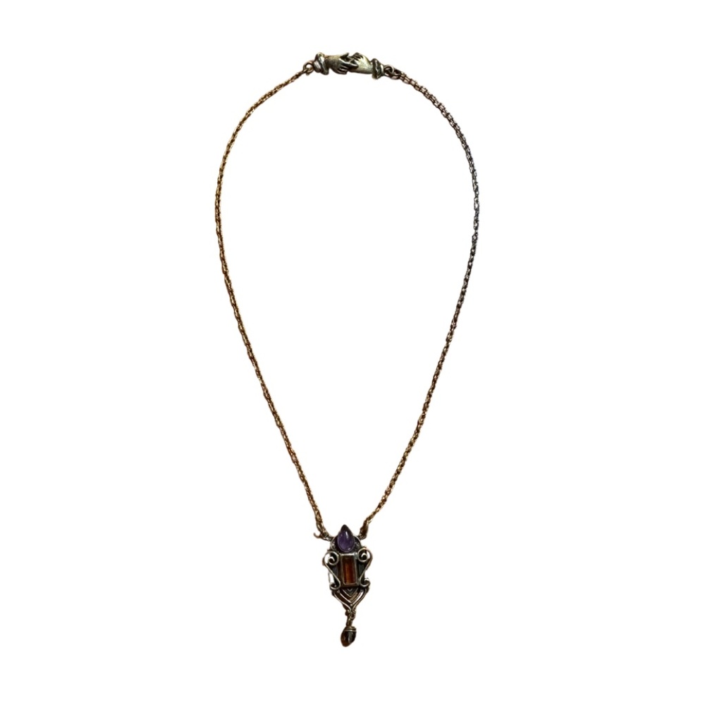 Distinctive Vintage Necklace with Topaz and Amethyst Glass Stone Pendant